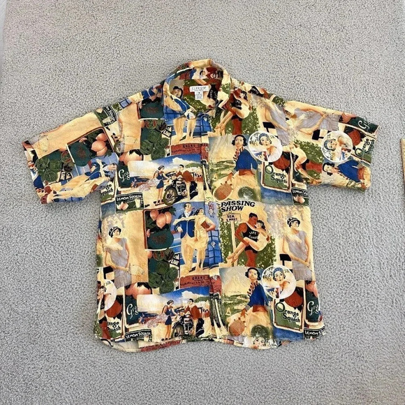 Citron Santa Monica Button Shirt 100% Silk 1950s Print Pin Up Girl - Picture 10 of 16